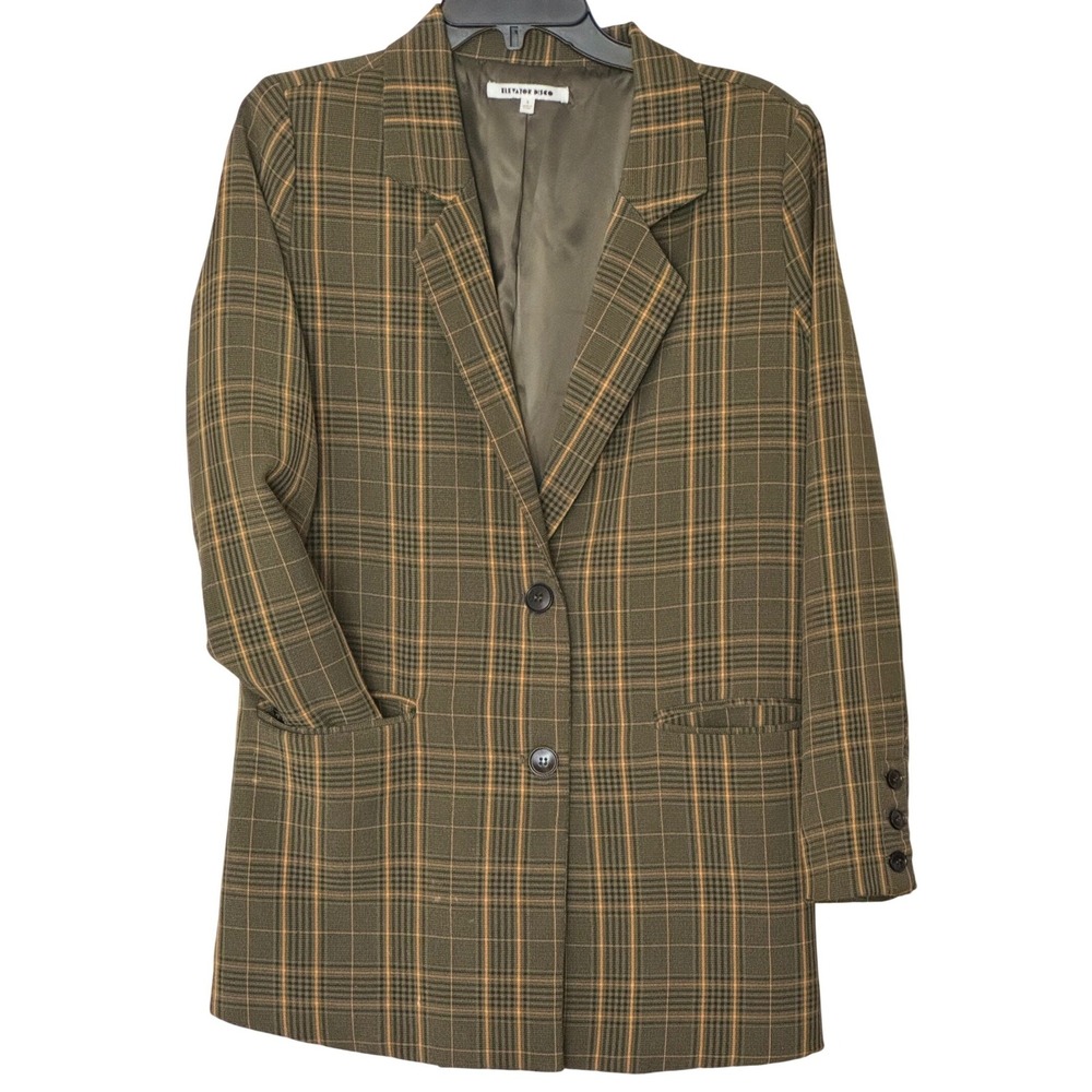Elevator Disco Blazer Olive Green Mustard Yellow Plaid Longline Womens Small